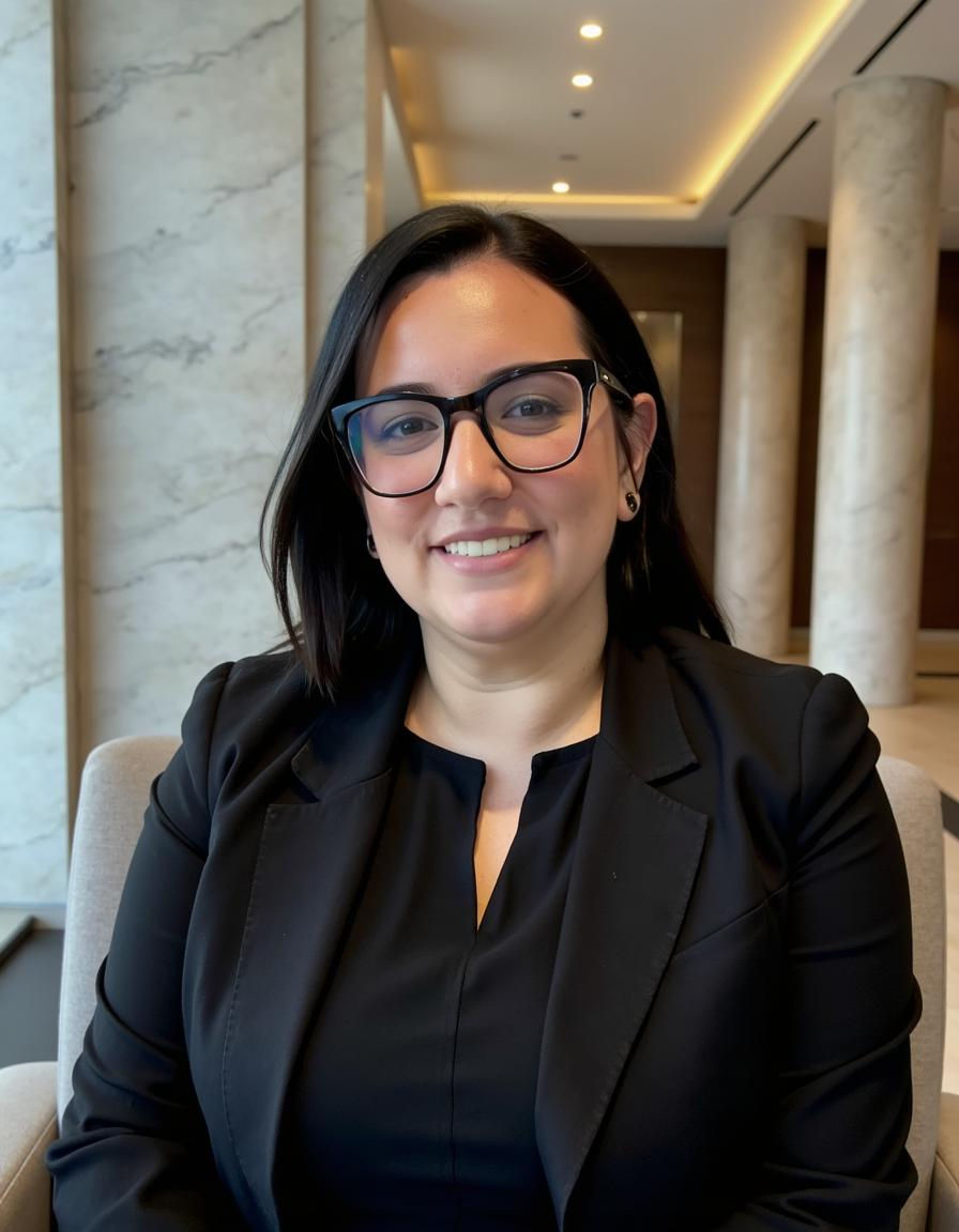 Smiling woman in glasses and black blazer sits indoors. Marble columns and modern ceiling visible in background. Neutral mood.
