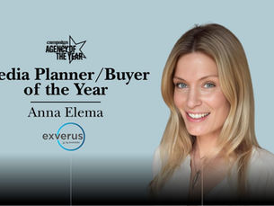 Anna Elema's face next to black writing against light blue background