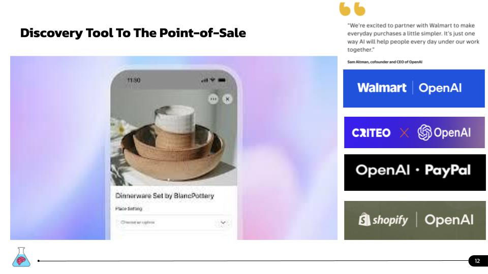 Slide showing a mobile app with a dinnerware set by BlancPottery. Logos of Walmart, Criteo, PayPal, Shopify, and OpenAI on the right.