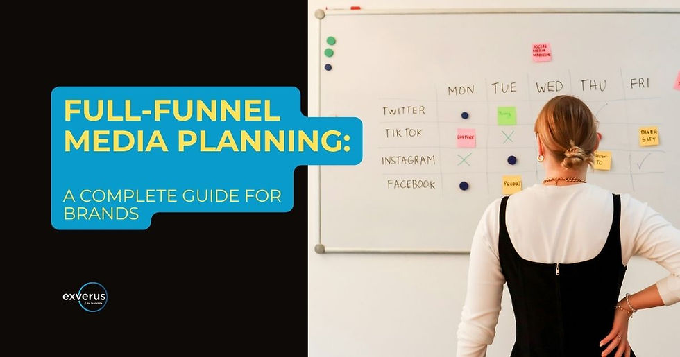 Woman planning a social media calendar on a whiteboard beside the title Full-Funnel Media Planning: A Complete Guide for Brands.