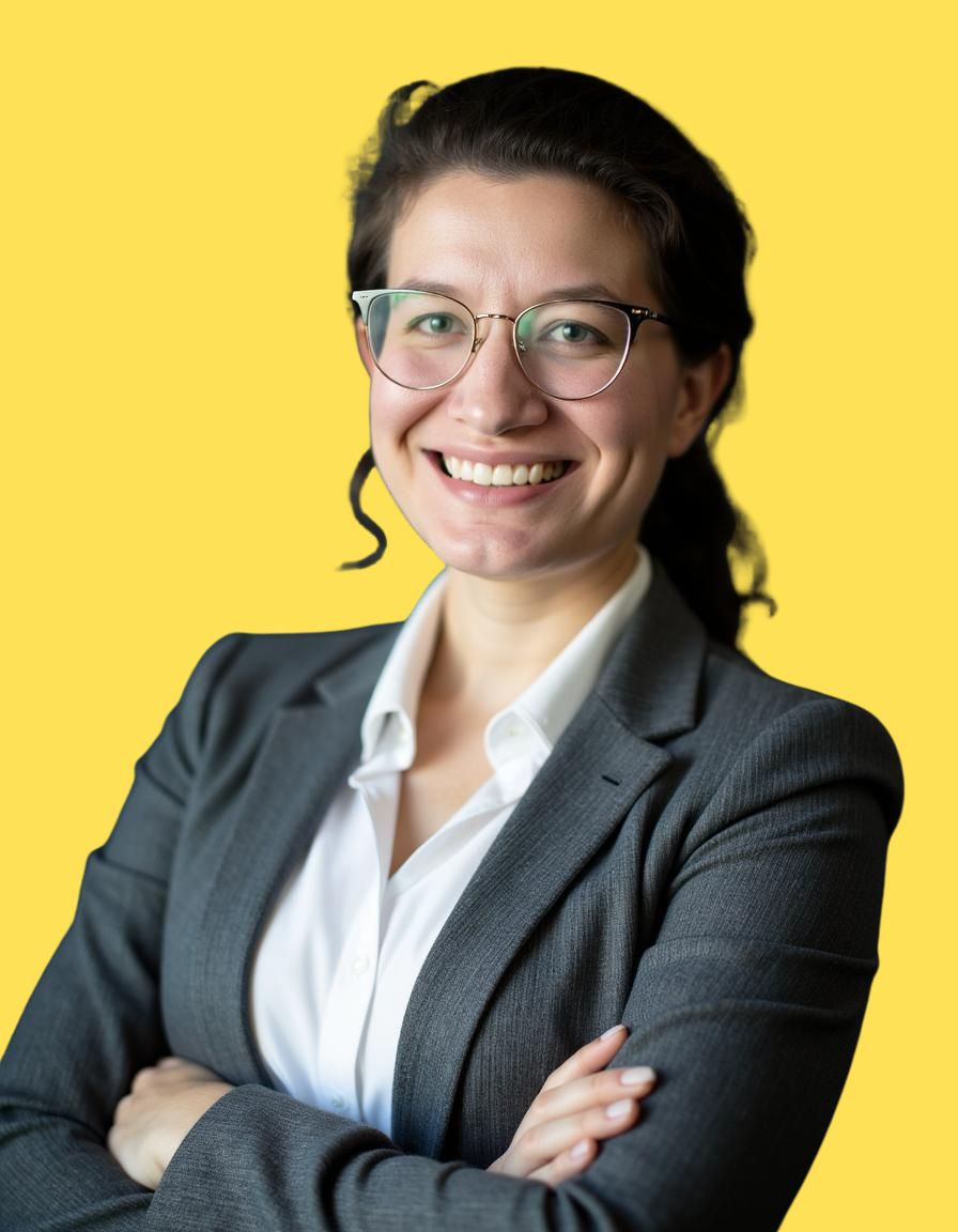 Talia Arnold in glasses and a gray suit with arms crossed against a bright yellow background.