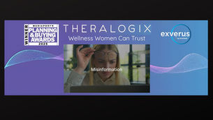 Woman at computer removes glasses, text "Misinformation" overlay. Awards and brand logos, gradient background with curved lines.