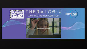 Woman at computer removes glasses, text "Misinformation" overlay. Awards and brand logos, gradient background with curved lines.