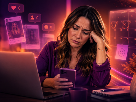 mulher frustrada olhando o celular e o notebook, representando terapeuta que posta nas redes sociais mas não consegue agendamentos