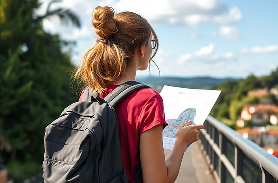Woman walking outdoors with a backpack on a scenic path