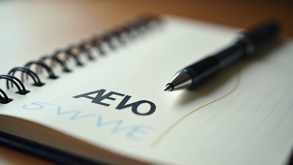 Close-up view of a notebook with AEVO notes and a pen