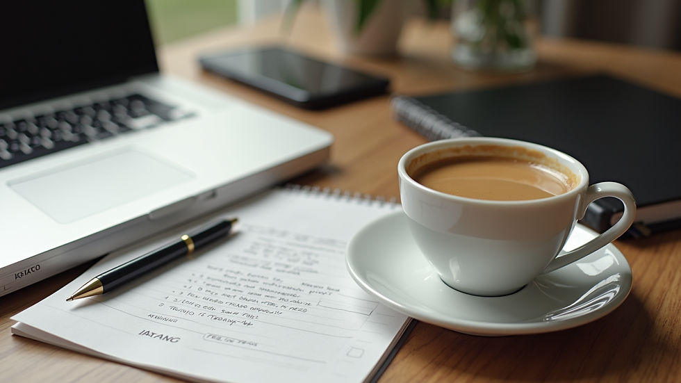 High angle view of a desk with AEVO study materials and a cup of coffee