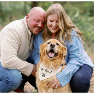 engaged couple holding their golden retriever