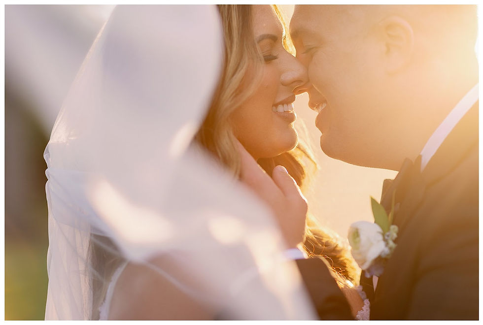 bride and groom kissing by veil