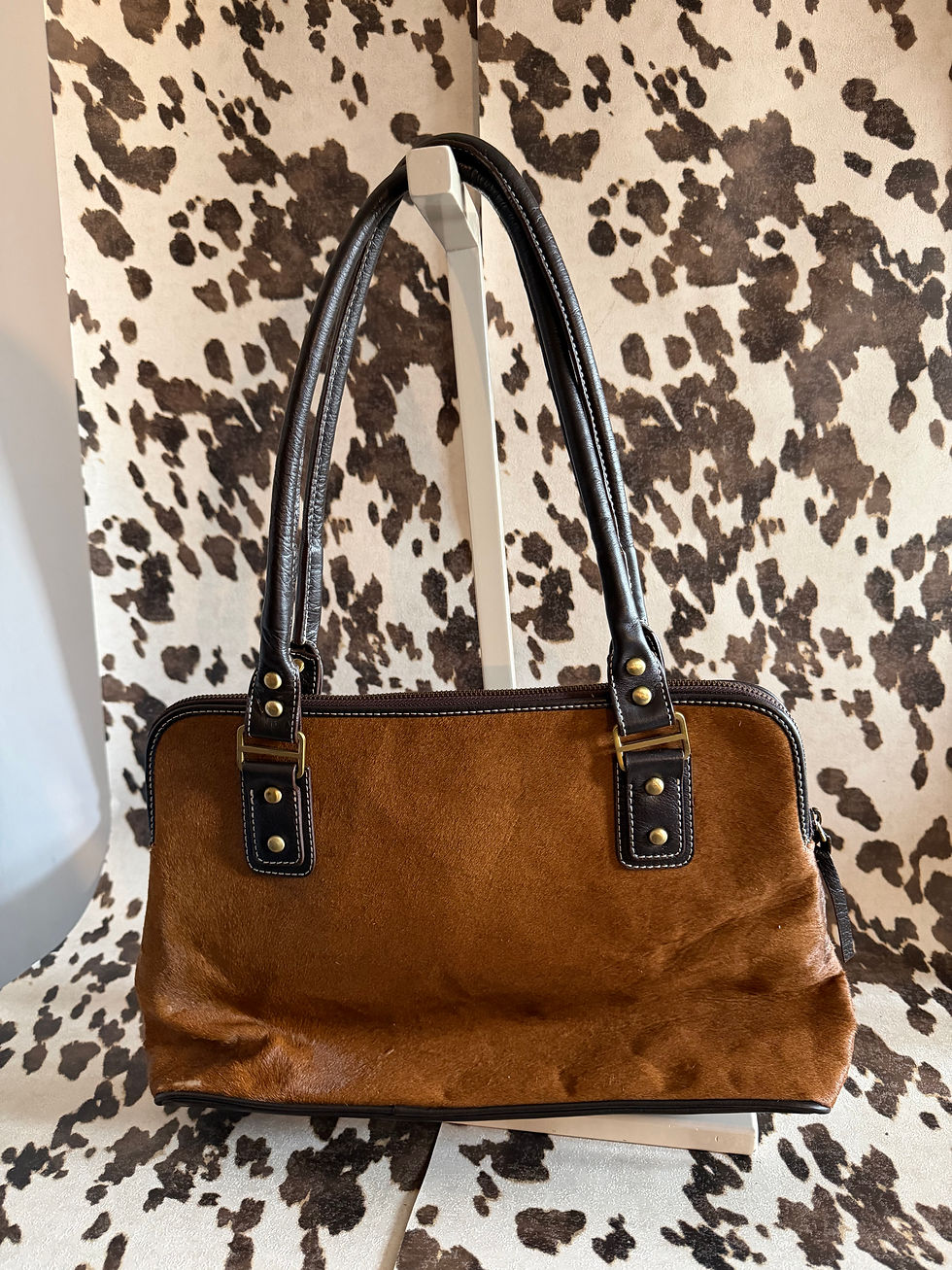 Thumbnail: ★VINTAGE PONY SKIN BROWN/TAN SHOULDER BAG 509 ★