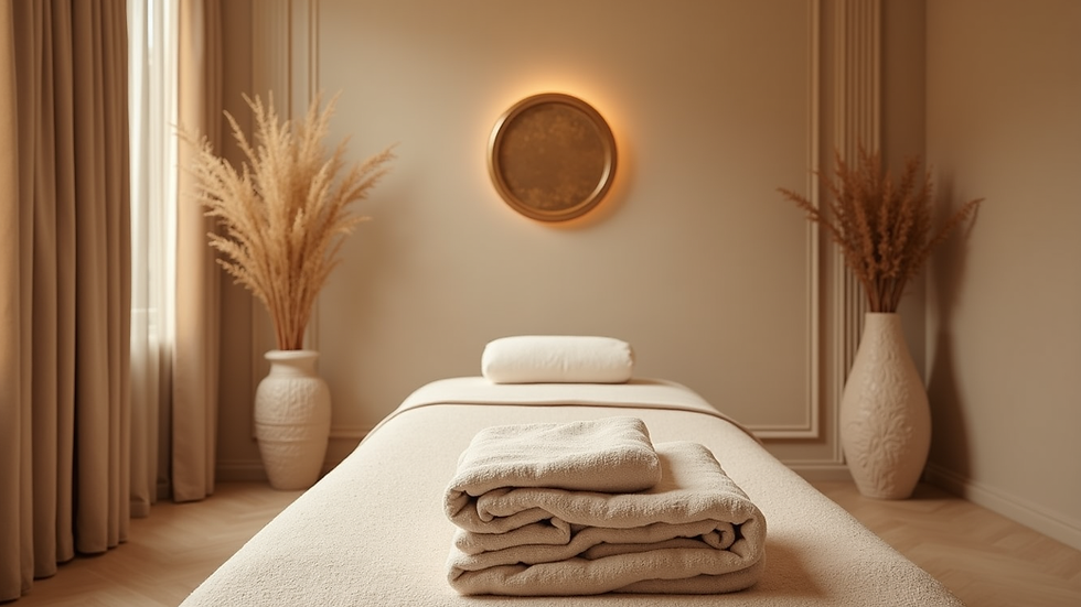 Wide angle view of a serene massage room with calming decor