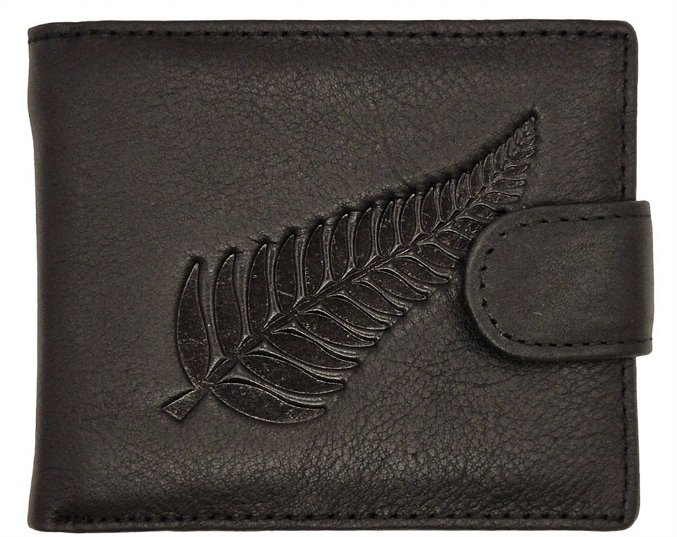 Thumbnail: Black leather wallet features fern design, BACKCOUNTRY GIFTS, for men and women.