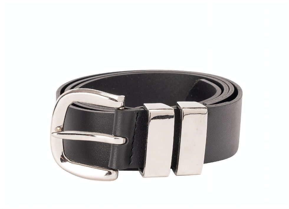 Black leather belt featuring silver buckle and two silver belt loops.