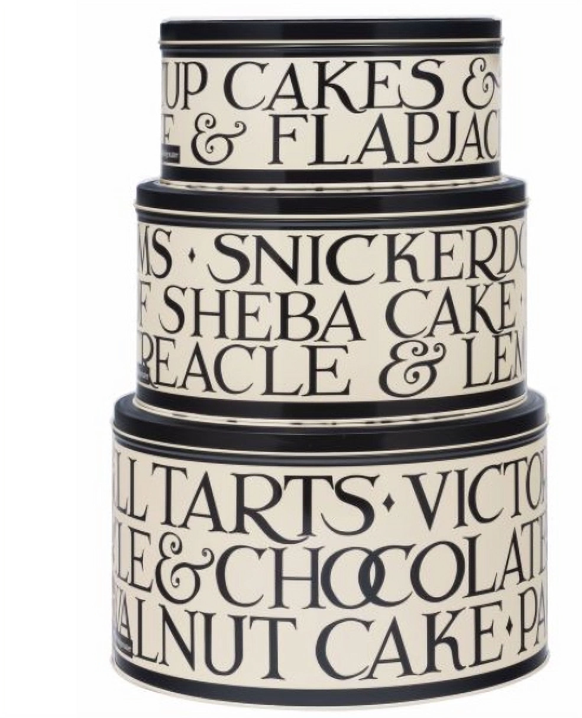 Set of 3 black and white tins with writing on