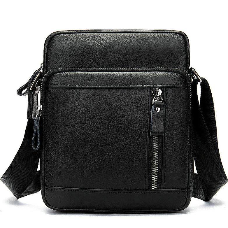 Thumbnail: Black leather messenger bag with a front zipper and adjustable strap.