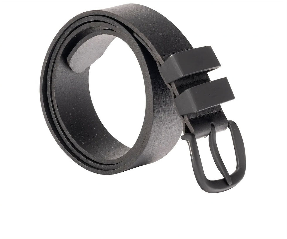 Thumbnail: Black leather belt coiled up on a white background product shot.