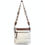 Thumbnail: White crossbody bag with brown details and patterned strap, hanging.
