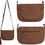 Thumbnail: 3 views of a tan saddle bag front with flap back with zip pocket and length of strap