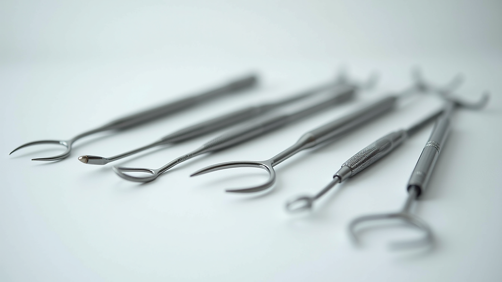 Close-up view of dental tools arranged neatly on a white surface