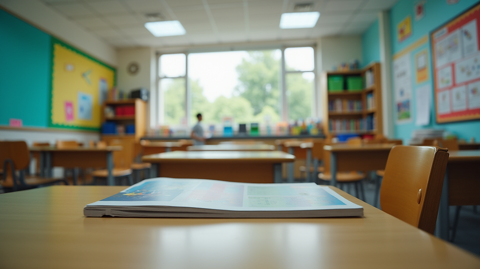 Eye-level view of a colorful classroom filled with educational materials