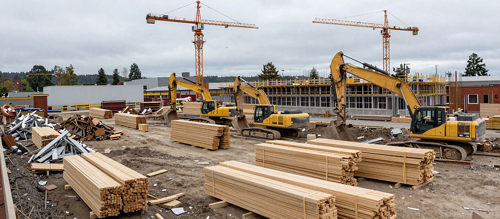 Active construction site in the Portland metro with stacked lumber, a crane and an excavator