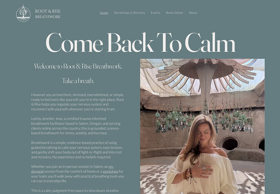 Root and Rise Breathwork website homepage designed by K2 Creative, with the headline Come Back To Calm