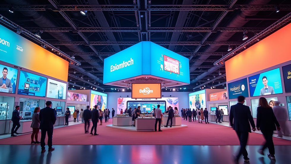 Eye-level view of a vibrant trade show booth with colorful banners and interactive displays