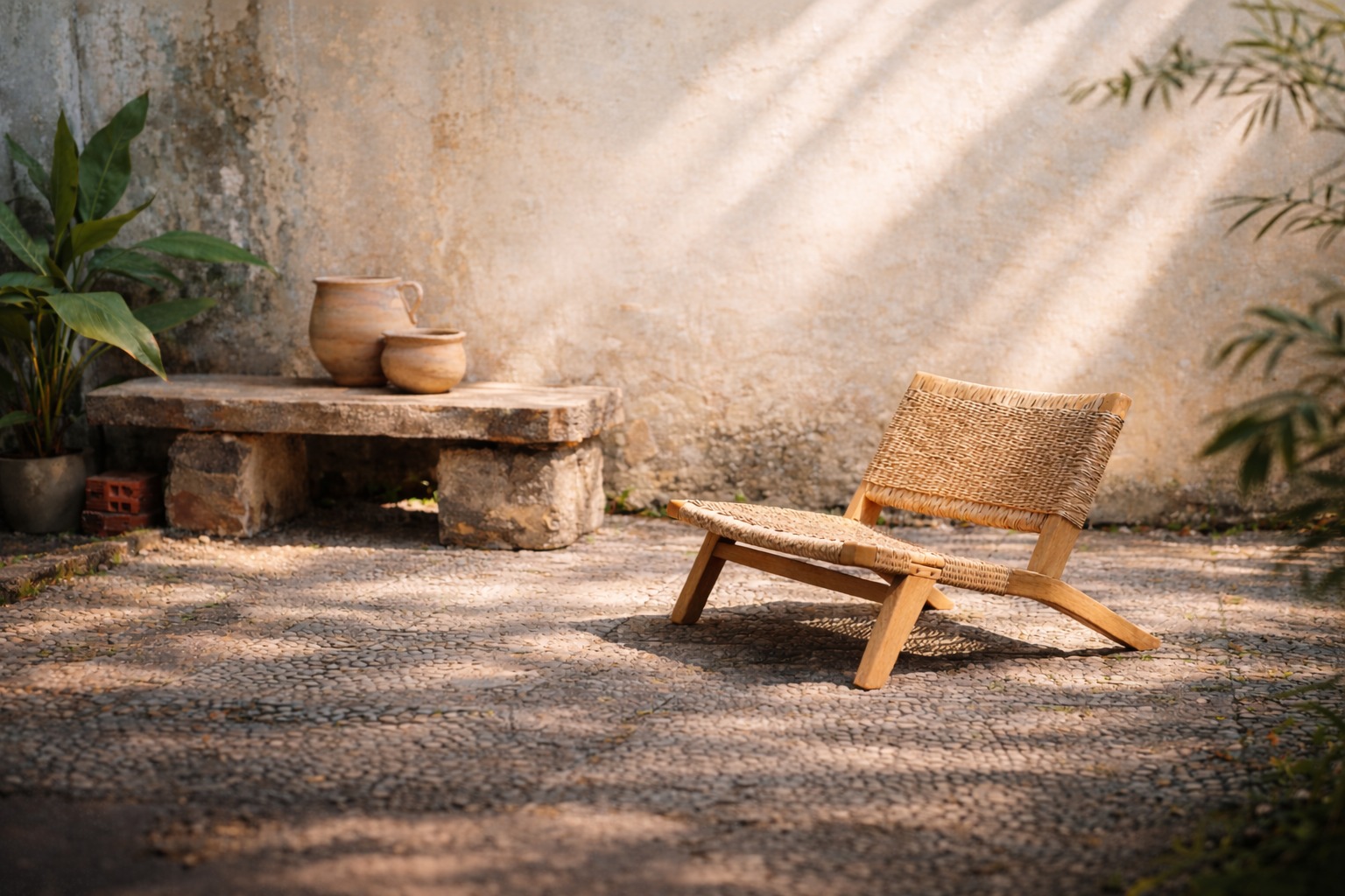 Woven lounge chair and handcrafted pottery in a sunlit Vietnamese courtyard.