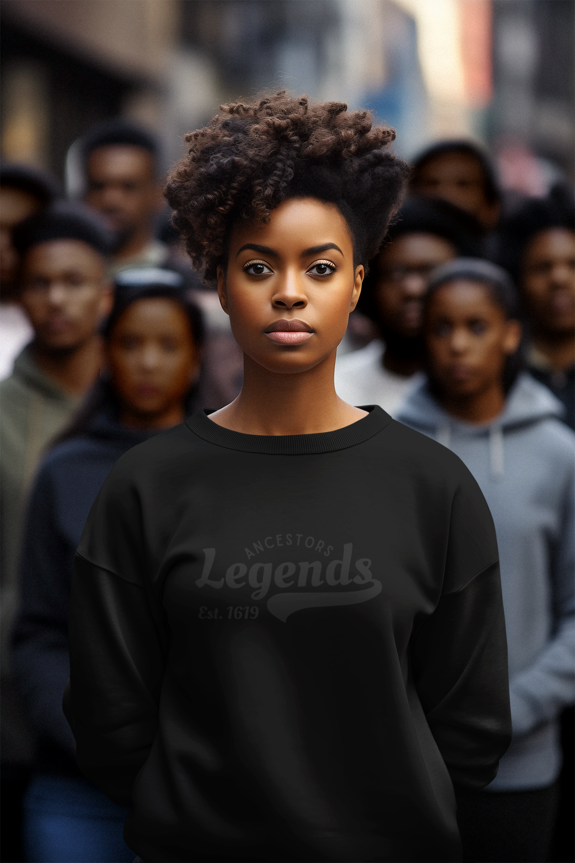 Black Ancestors. Legends. Est. 1619 crewneck featuring heritage-inspired text on the front, part of the Kasual Closet HERitag