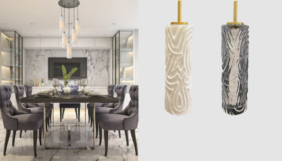 The Selena pendant series is offered in white, clear, amber, and mirrored glass