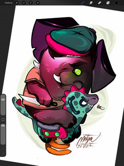 Digital drawing of elephant on dinosaur for t-shirts.