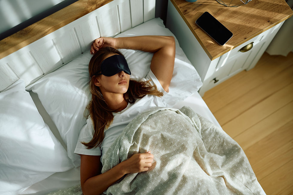 High angle view of woman wearing sleeping eye mask in bed.jpg
