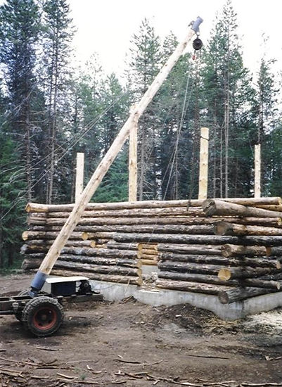 Lifting vertical logs over the log walls.