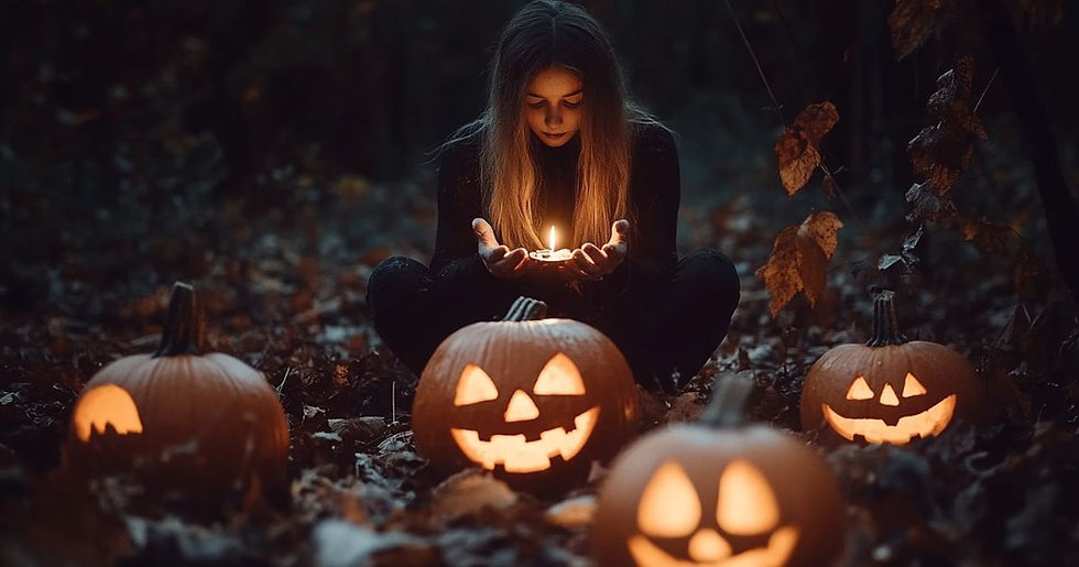 femme-rituel-samain-halloween-citrouille-chandelles-la-fee-violette
