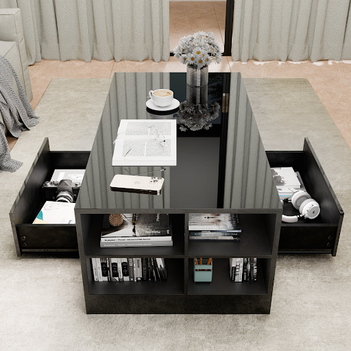 Modern black gloss coffee table with dual drawers and side open shelves with subtle room reflection.