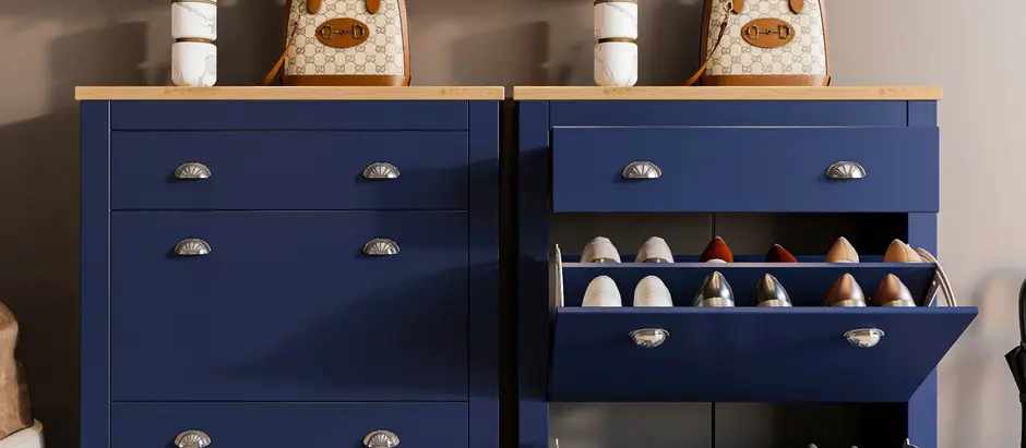 hallway shoe cabinet pair in blue with oak tops, one open showing shoes and wellies, decor and bag placed on cabinets