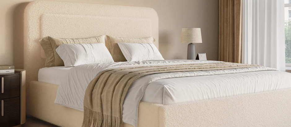 Beige boucle upholstered ottoman storage bed with a curved headboard in a modern bedroom.