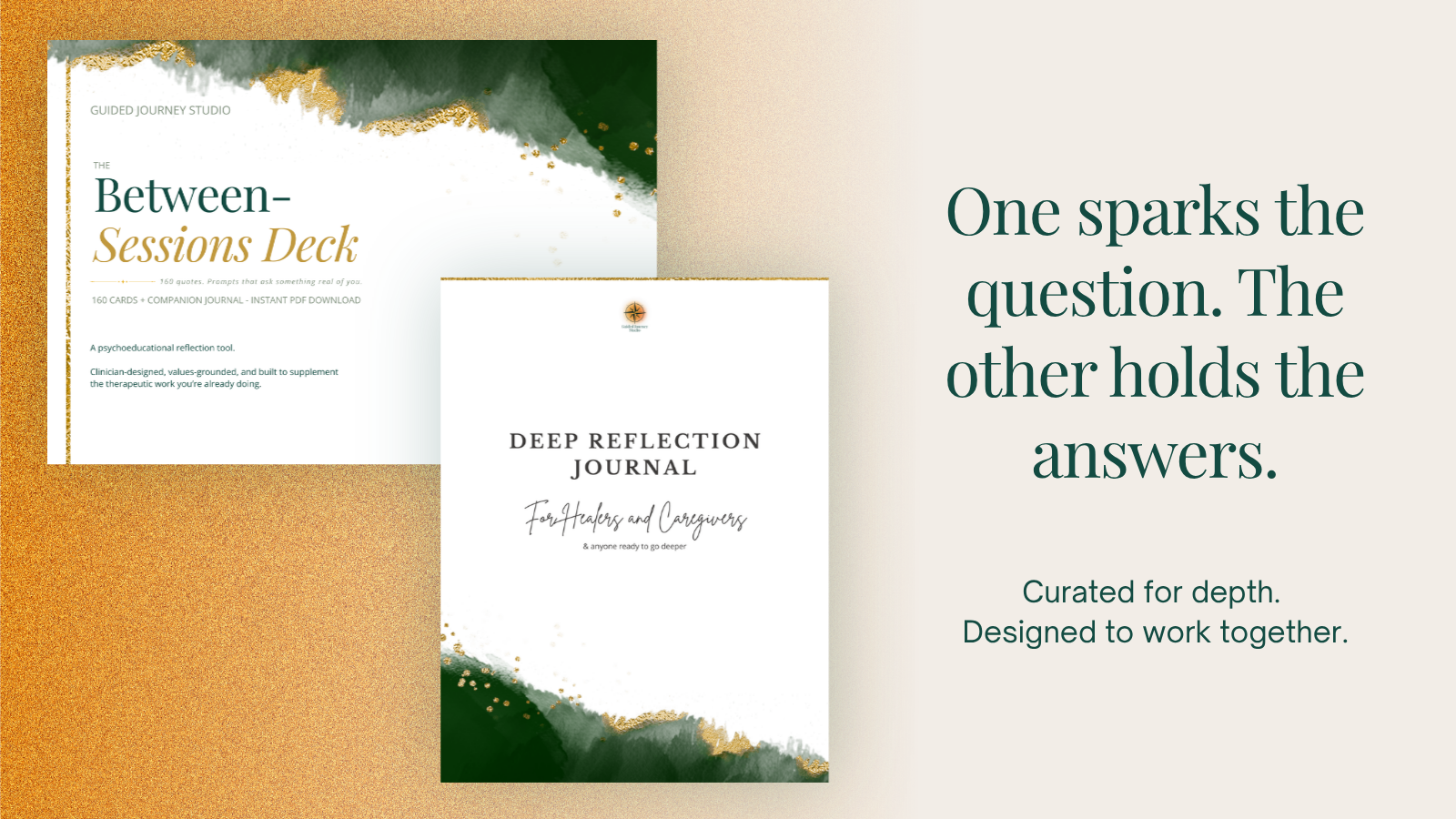 Stacked images of the covers of both the Between-Sessions Deck and the Deep Reflection Journal, both featuring a white background with black text and a dark green and gold accent geode pattern in one corner of the page.