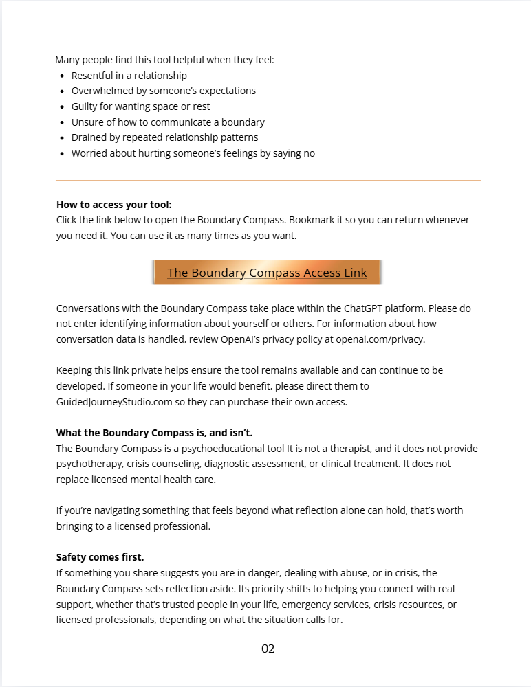 Second page of the Boundary Compass Welcome & Access Guide