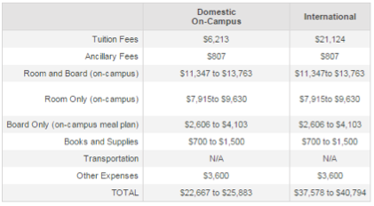 Screenshot of university costs.