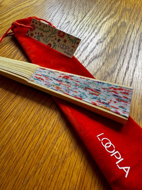 Thumbnail: Folding Hand fan with Bamboo handles, satin fabric and orange velvet pouch to easily find in your bag