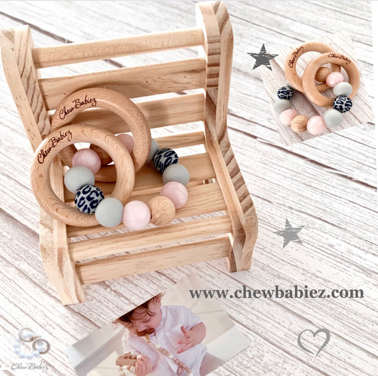 רעשן נשכן טבעת מעץ וסיליקון דגם שעיה