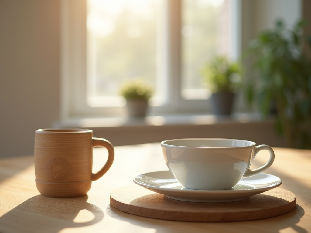 A minimalist wooden dining table setting with a single ceramic plate illuminated by soft morning light.