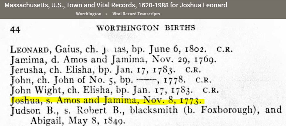 Joshua Leonard of Worthington birth 1773