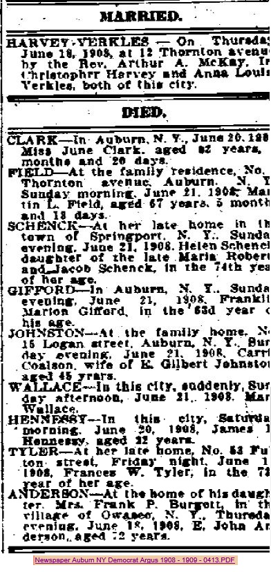 1908-1909 Vital Records Cayuga County NY