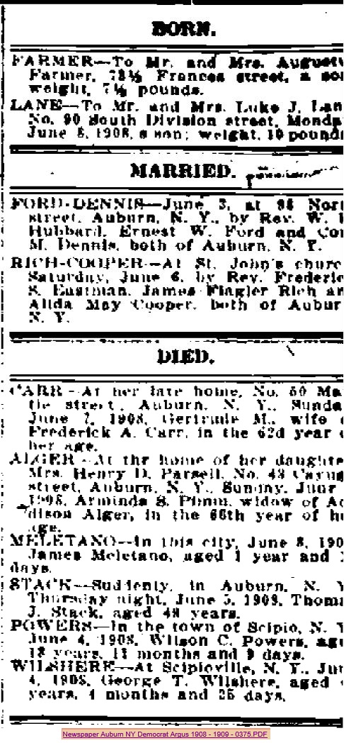 1908-1909 Vital Records Cayuga County NY