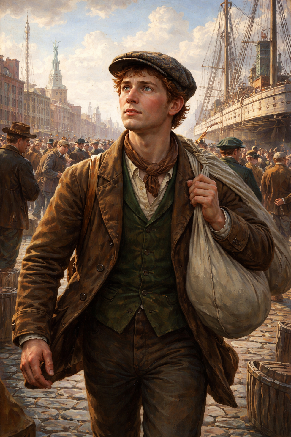 A young Irish immigrant at the harbor in NY c. 1850