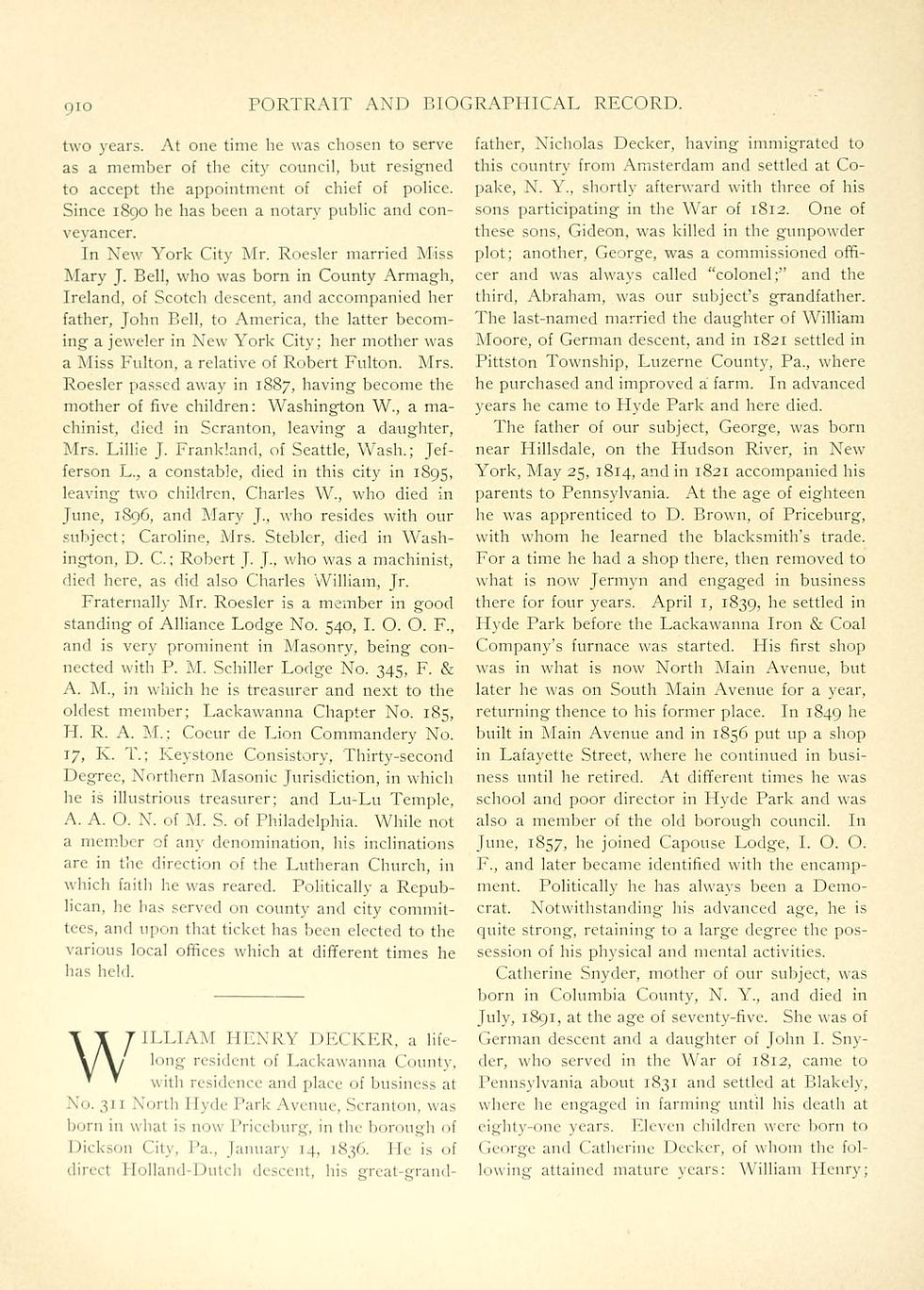 William Henry Decker (1836-1906) of Carbondale, PA