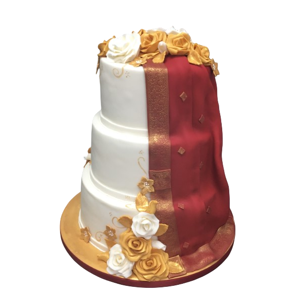 Elegant three-tier wedding cake with red drapery and gold and ivory roses.