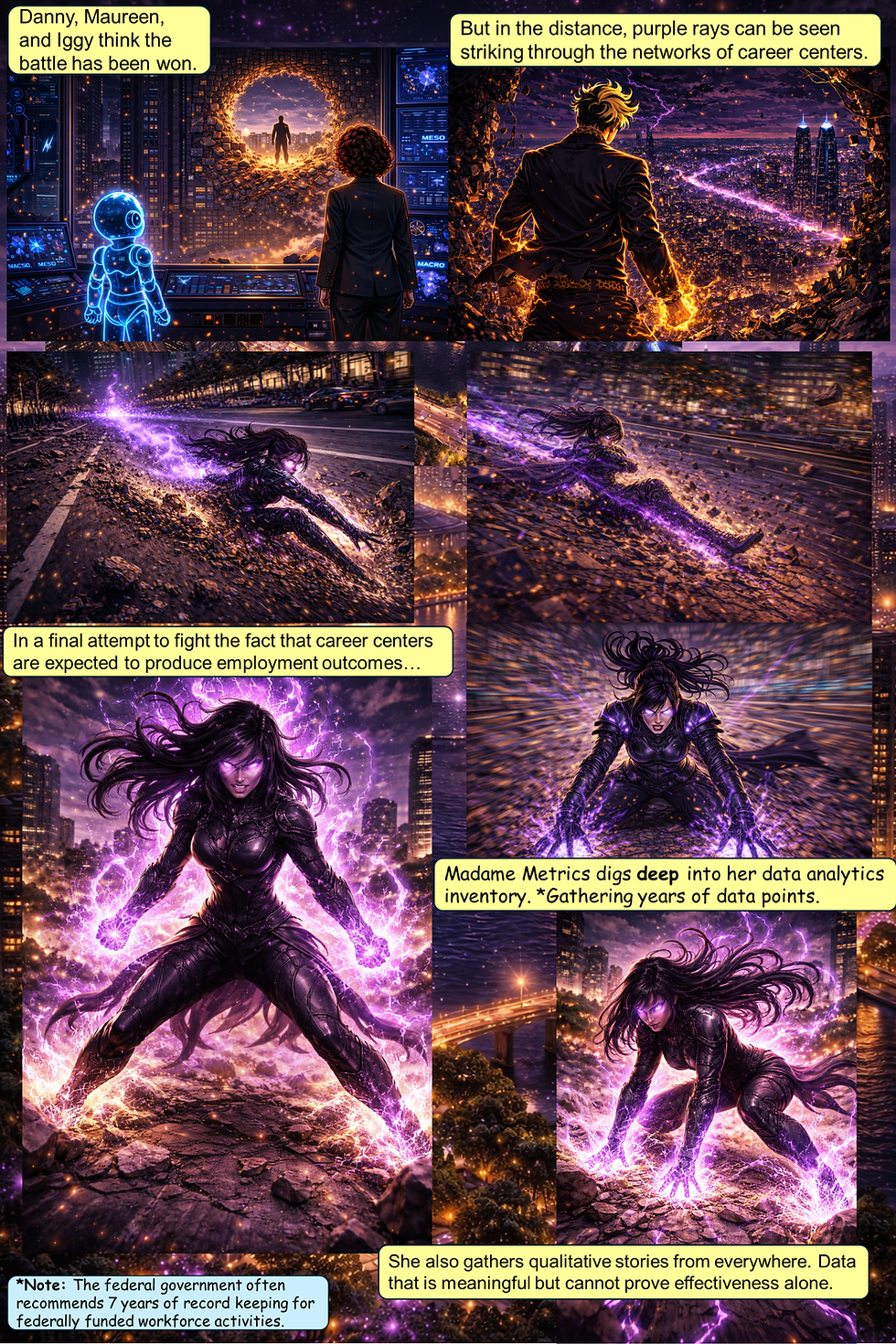 After the apparent victory, Danny, Maureen, and Iggy observe lingering purple energy as Madame Metrics resurfaces, drawing on vast stores of historical data and qualitative narratives in a final attempt to resist the shift toward employment outcomes and accountability in career centers.